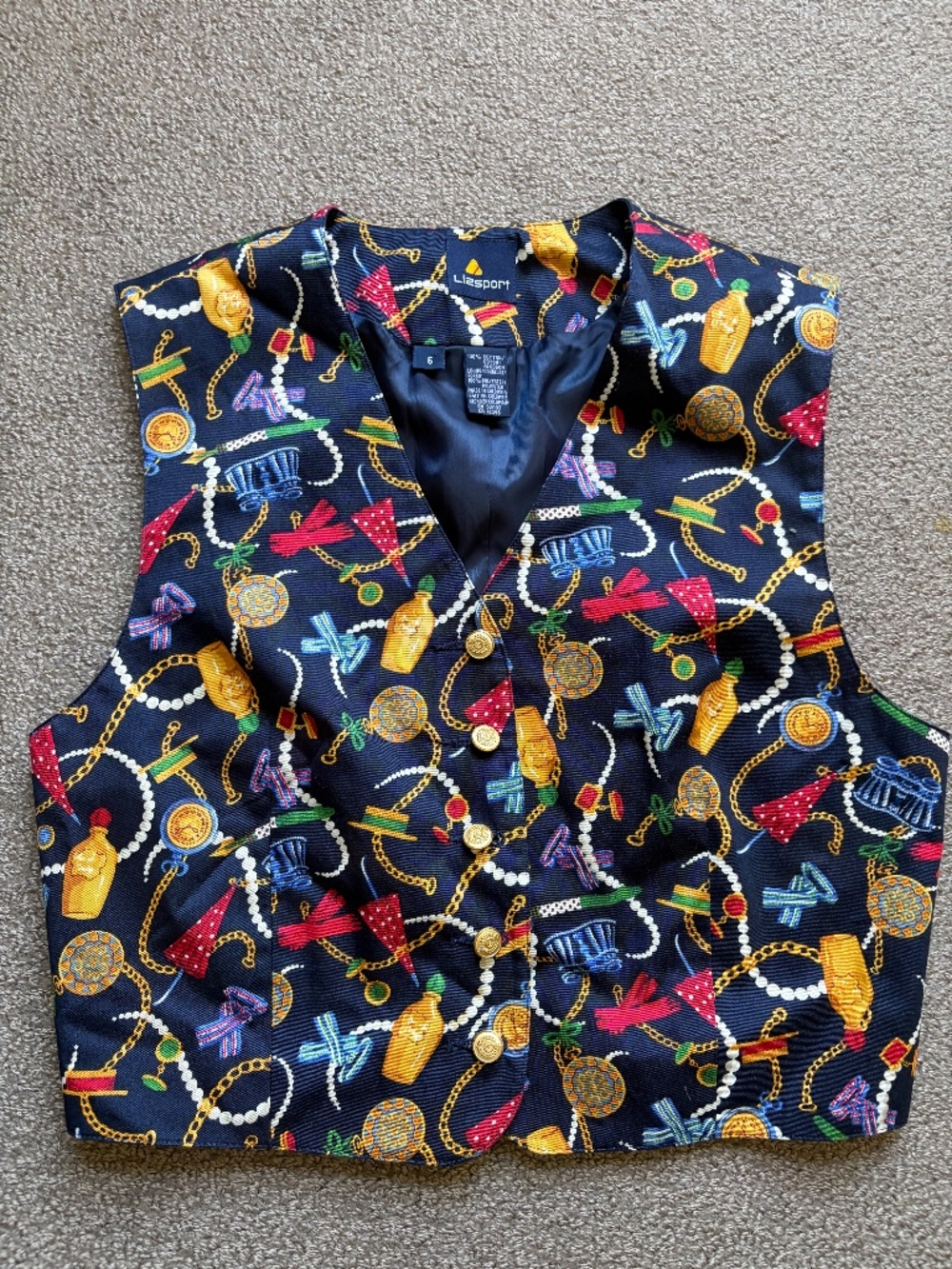 LizSport Vintage‎ 90s Womens Vest Colorful Cropped Chain Trinket Gold Buttons 6